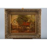 An early 20th century Continental oil on canvas, mill, barn and barge, 11" x 15", in gilt frame, and