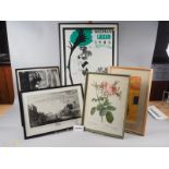 An assortment of watercolours and framed prints, including Redoute roses and views of Marlow