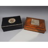 A burr walnut and ebony jewellery box with tapestry panel and green velvet lined interior, 12 1/4"