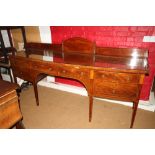 **A Sheraton Revival mahogany and boxwood strung bowfront ledge back sideboard, on square taper