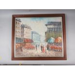 Barnett: impasto oil on canvas, Parisian street scene, 19 1/2" x 23 1/2", in mahogany frame
