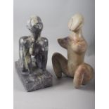 Two hardstone statues of kneeling nudes, taller 11" high