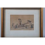 An early 19th century watercolour study of children on a seesaw, 4 3/4" x 7 1/4", in wash line mount