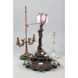 An Art Nouveau design table lamp with pink flower shade, 18 1/2" high, a cut glass table lamp, a