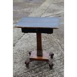 A Regency rosewood and brass inlaid occasional table base with square taper column, scroll