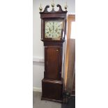 An early 19th century oak and mahogany banded long case clock with bird painted dial, seconds and