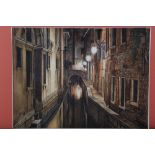 Ian Norbury: watercolours, "Venice winter a canal at nyt", 9 1/2" x 13", in gilt strip frame