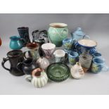 A Buchan Portobello stoneware blue coffee set and assorted studio pottery vases, etc