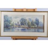Claude Rowbotham: watercolours, "Sonning-on-Thames", 8" x 18 1/2", in gilt strip frame