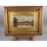 G E Herring: a 19th century oil on mahogany panel, river scene with cows and trees beyond, 12" x 7"