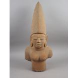 A carved Khmer? sandstone bust of a female deity with headdress, 24" high