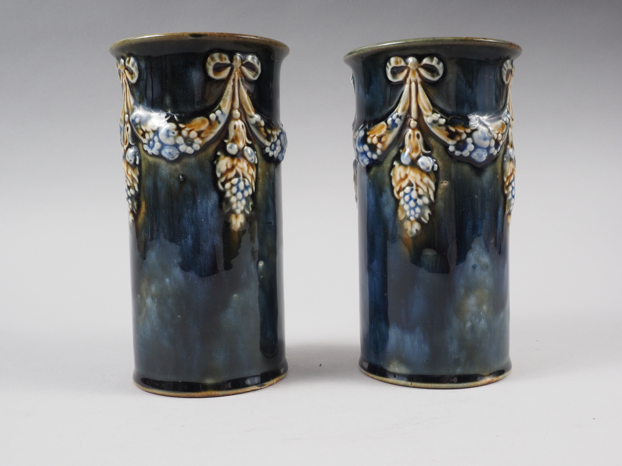 A pair of Royal Doulton blue and green glazed bottle vases, 9" high, and a pair of Doulton - Image 2 of 2