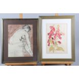 A pencil sketch of a seated nude woman, in gilt strip frame, a watercolour on silk of foxgloves,