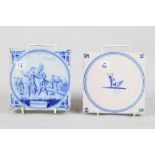 Three 18th century tiles with ships and harbours, 5 1/4" square (one restored), an 18th century