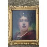 R H Craig, '83: a 19th century oil, head and shoulders portrait of a woman wearing a red cloak