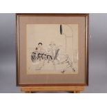 Helen McKie: four black and white cartoons, three titled in pencil, 10" x 10", in brown frames,