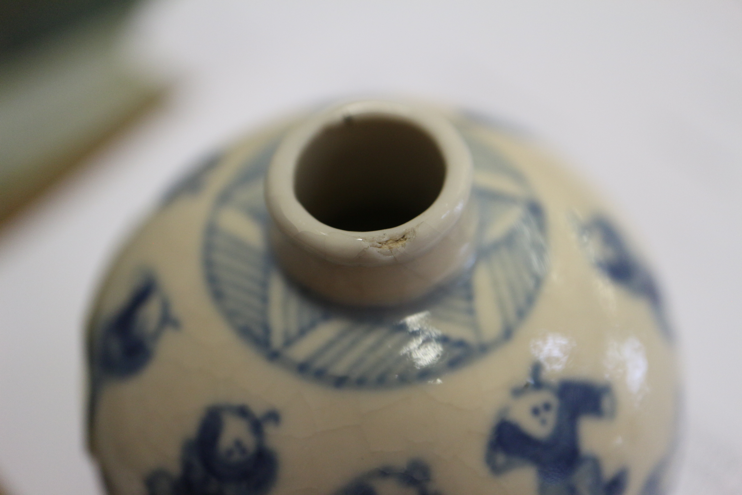 A Chinese blue and white figure decorated oviform vase with six-character mark, 2 3/4" high, on - Image 3 of 7