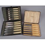 A silver plated fish knife and fork set for six and a set of six plated butter knives, in cases
