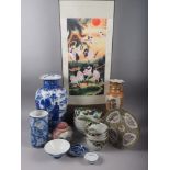 An Oriental blue and white figure painted vase, 14" high (damaged) and other assorted Oriental