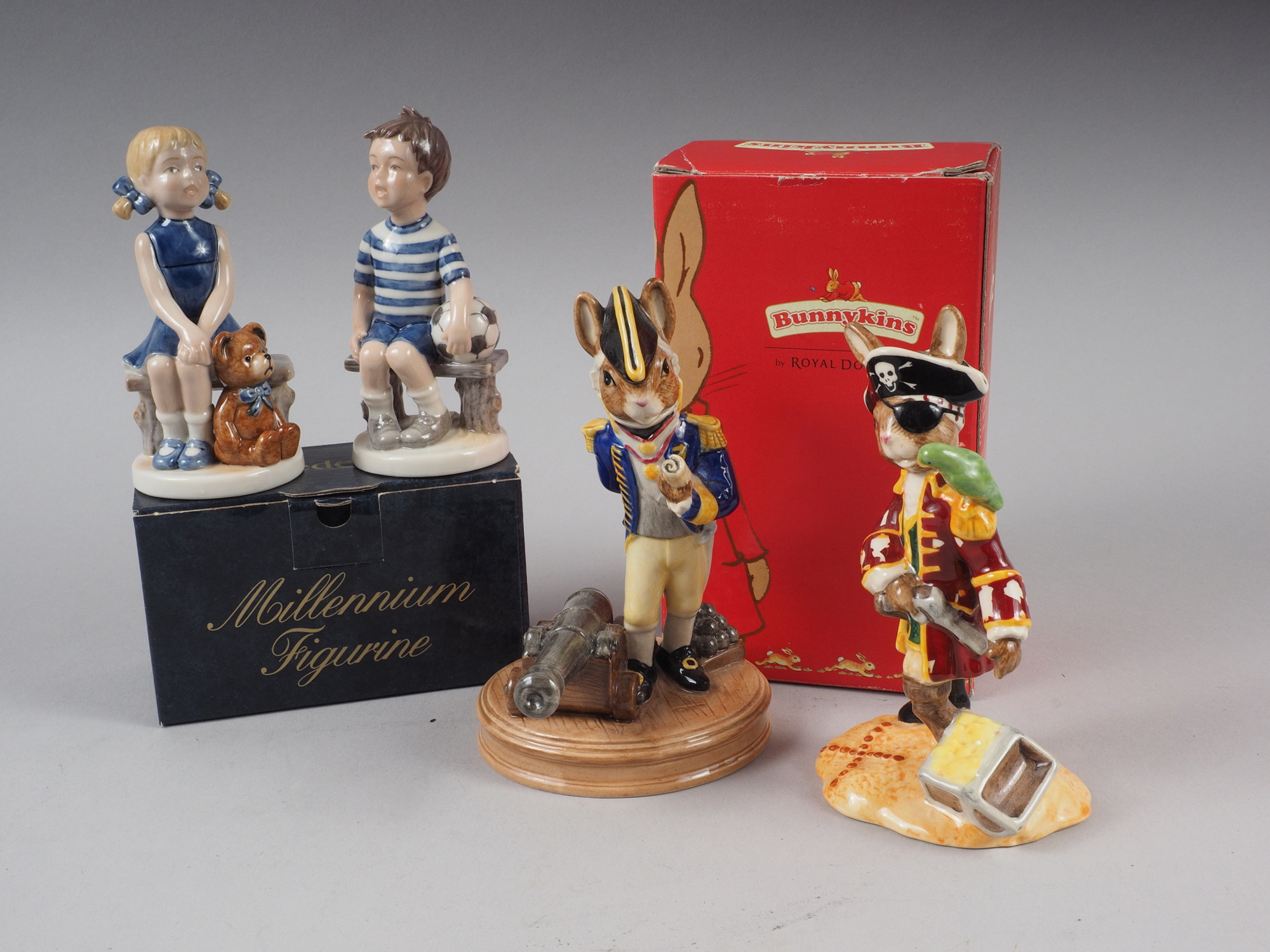 Two Royal Copenhagen china Millennium figures, "Emma" and "Frederick", both boxed, and two Royal