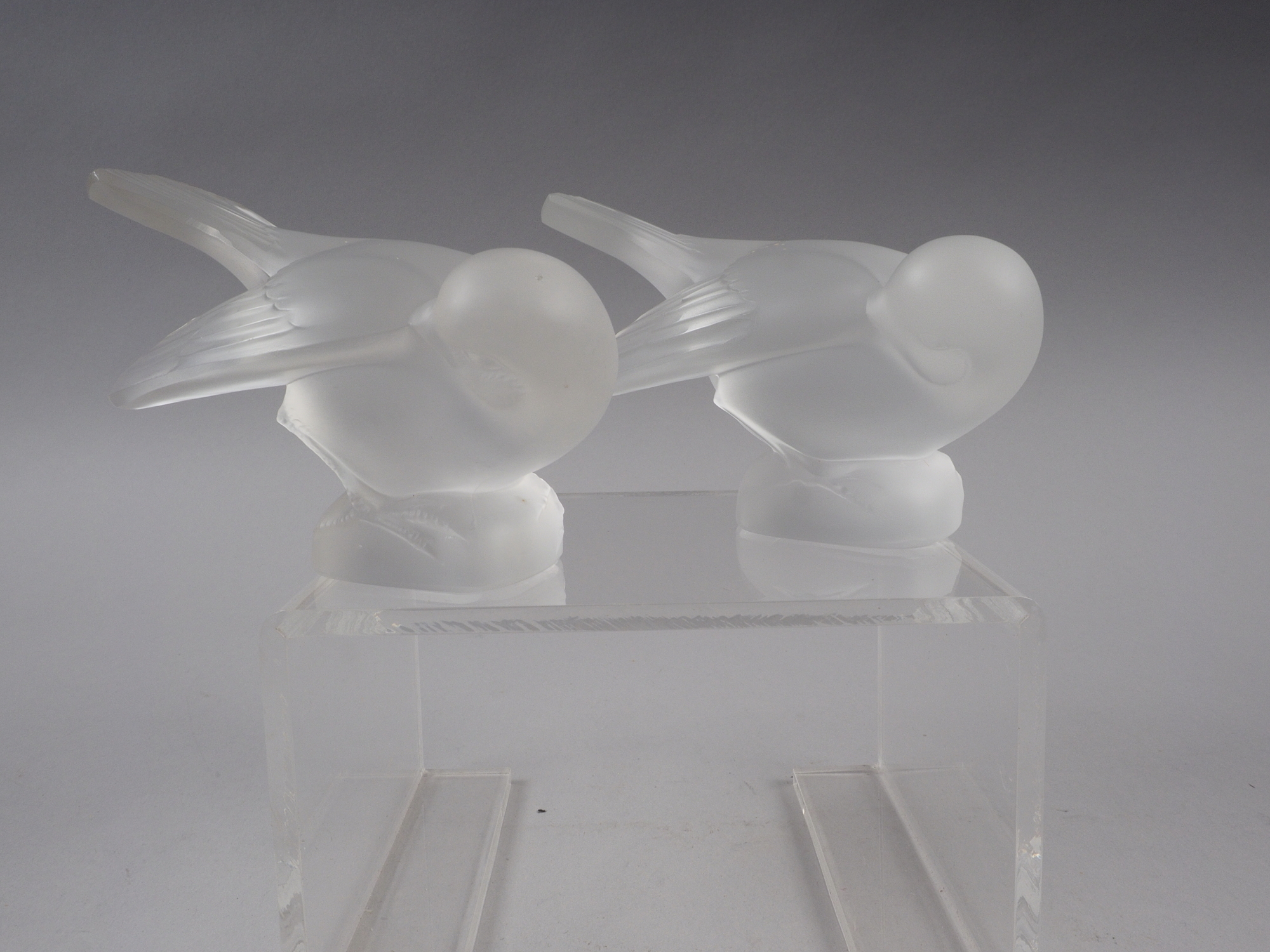 Two Lalique crystal frosted glass models of birds, and a glass box and cover