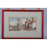 T Chamberlain: watercolours, Continental harbour scene, 4 1/4" x 9", in red stained frame