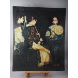 An oil on canvas laid on board, three Chinese court musicians, 31" x 26", unframed
