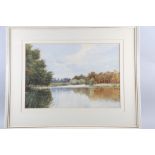 Fred C Dixey: watercolours, lake scene with figures in a rowing boat, 14" x 20 1/4", in cream