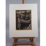 Norman Tennant: a woodblock print, "Narrow Boat", C M Aman: a coloured wood engraving, "Lords and