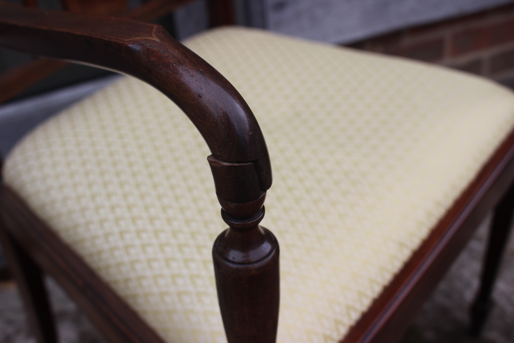 An Edwardian line inlaid mahogany open armchair with drop-in seat, upholstered in a gold fabric - Image 2 of 3