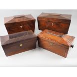 Three 19th century mahogany sarcophagus tea caddies and a similar rosewood tea caddy (for