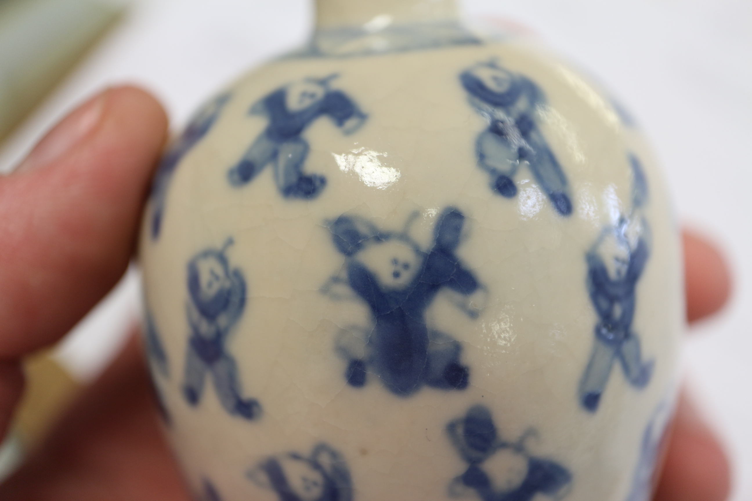A Chinese blue and white figure decorated oviform vase with six-character mark, 2 3/4" high, on - Image 4 of 7