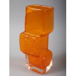 A Whitefriars orange coloured "Drunken Bricklayer" vase, 8 1/2" high