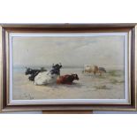 Henri Schouten: Belgian late 19th century oil on canvas, cattle on the dunes, 15" x 27", in gilt