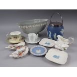 A blue and white "Willow" pattern meat dish, a Wedgwood jasperware biscuit barrel, a pair of