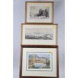 Two prints, Icelandic scenes, in gilt strip frames, and Judy Boyes: a print, "Tarn Hows", in