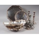 Two Georgian design silver plated trays, two entree dishes and covers an epergne base, decorated