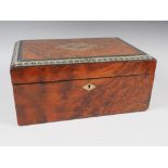 A 19th century thuya veneered workbox with pewter and other inlay, 13" wide, and a plain oak