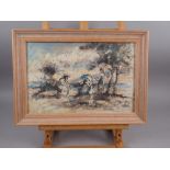 Michael D'Aguilar: watercolours, figures by the sea, 9 1/2" x 14 1/2", in wooden strip frame