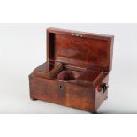 An early 19th century mahogany tea caddy with blending bowl and ring handles, on bun feet, 12" wide,