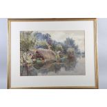 English School: watercolours, river scene, indistinctly signed, 9 1/2" x 13 1/4", in gilt strip