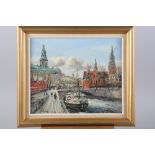 A Lang: two mid 20th century oils on canvas, Central European city views, 12" x 15", in gilt frames