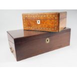 A burr walnut and Tunbridge banded jewellery box, 11 1/2" wide, and a mahogany writing box, 18" wide