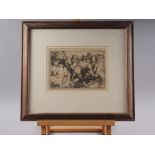 Harry Becker: dry point etching, workhorse and farmers at rest, in oak strip frame, a companion