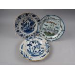 An 18th century English Delft polychrome plate with fence design, 9" dia, an 18th century Dutch