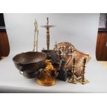 A copper punch bowl, 7 3/4" high, a pair of brass candlesticks, 8 1/2" high, a gilt Marley horse,