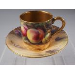 A Royal Worcester cabinet cup and saucer, decorated peaches, apples, grapes and blackberries, by R