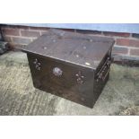 A copper kindling box with fleur-de-lys and studded effect decoration, 20 1/2" wide