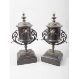A pair of late 19th century gilt metal mounted two-handled vases, on marble bases, 12" high (chipped