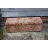A box seat ottoman, upholstered in a cut velvet, on turned supports, 37" long x 11" deep x 13" high
